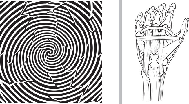 Black and white illustration set featuring a spiral maze pattern and human hand anatomy isolated on white background