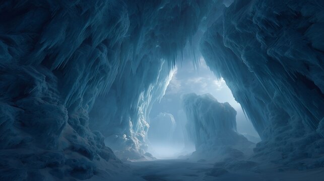 An ice cave with a blue glow. A stunning blue ice cave with dramatic natural formations and soft light glowing through frozen walls.