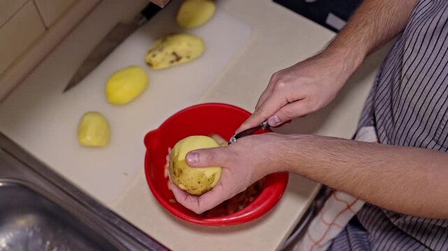A close-up shot of hands using a peeler to remove the skin from a raw potato, carefully preparing fresh ingredients for a home-cooked meal in a kitchen.