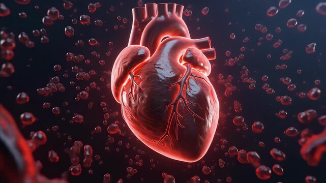 Anatomical human heart with glowing red blood cells.