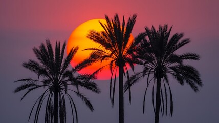 Fototapeta premium Vibrant sunset silhouettes three lush palm trees against a fiery orange sun and soft purple sky evoking tropical paradise and serene evening tranquility