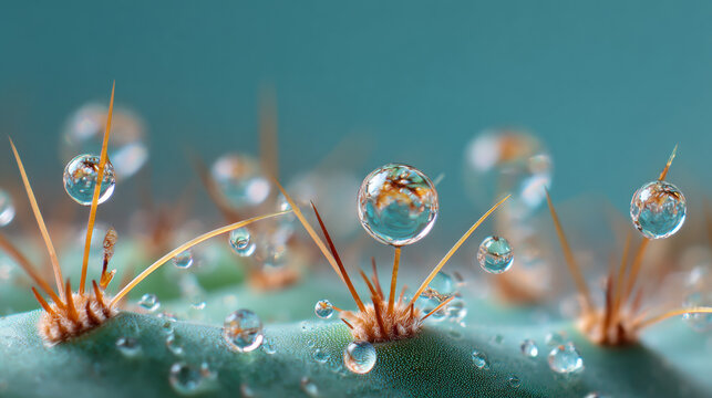 Water beads on cactus spines