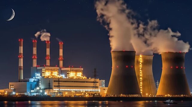 Industrial power plant at night with cooling towers and smokestacks emitting steam, energy production facility.