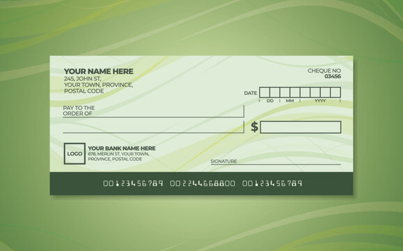 Blank bank check. Checkbook cheque template. Checkbook cheque template with green theme. Money payment voucher or pay cash cheque certificate.