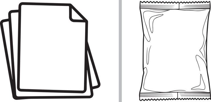 Minimalist vector line art of a document stack and snack pouch isolated on white background