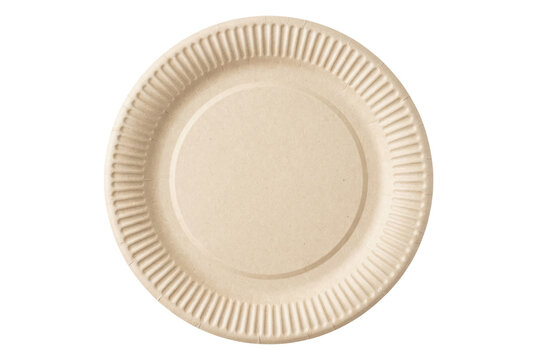 Top view of a disposable, biodegradable brown paper plate. Isolated on transparent background, png