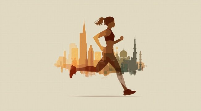 Young athletic woman running fast silhouette over city skyline with warm gradient background dynamic motion speed fitness Concept of success and motivation