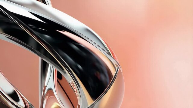 Shiny chrome-plated metal rings twisting and rotating in an endless, seamless loop, creating a mesmerizing hypnotic motion against a soft, elegant pastel pink background