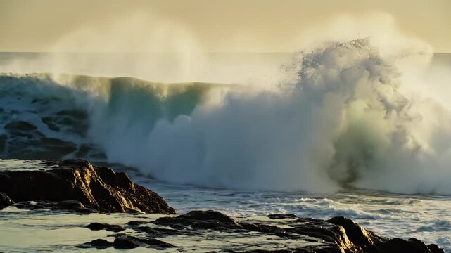 This captures a large wave crashing onto the rocky shoreline during a serene sunset. The wave is huge and powerful, creating a dramatic scene. The sun is setting in the background, casting a golden