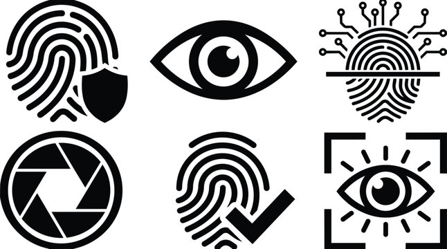 Biometric icons fingerprint eye iris scanner shield check mark aperture flat vector