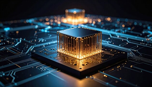 Intricate superconducting filaments forming a glowing three dimensional microchip processor structure set against an advanced digital circuit board background.