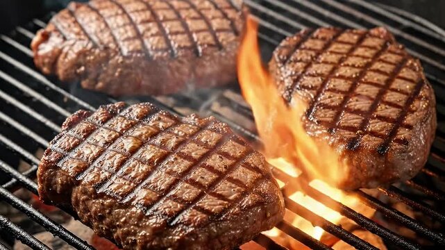 Three thick beef steaks grilling on a charcoal BBQ with smoke and grill marks, outdoor summer cooking