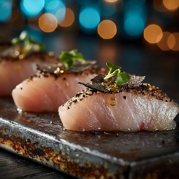 Fresh yellowtail sashimi with black truffle and microgreens