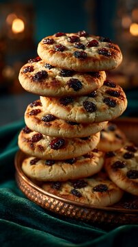 Traditional shirini kishmishi biscuits stacked on a copper plate