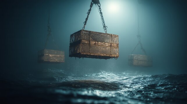 Two metal traps suspended by chains above the swirling ocean water in gloomy atmospheric lighting, on the theme of deep-sea fishing and the marine industry.