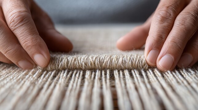 Hands smoothing woven threads. Close-up of fingers aligning fabric fibers, detailed textile structure, quality control process.