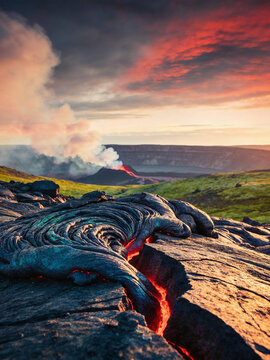 Dramatic Volcanic Environment with Magma Rock and Rising Steam