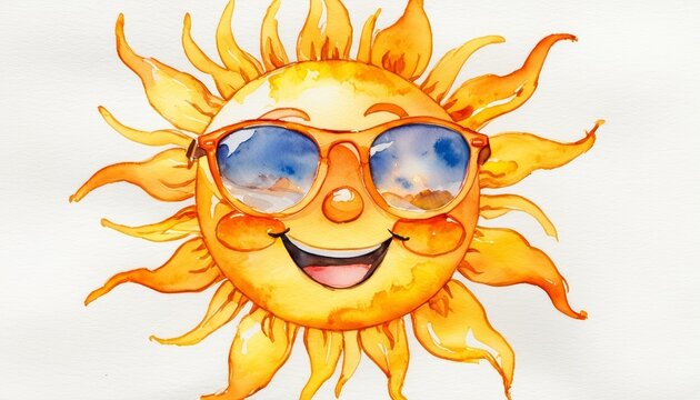 watercolor sun wearing sunglasses, waving to children