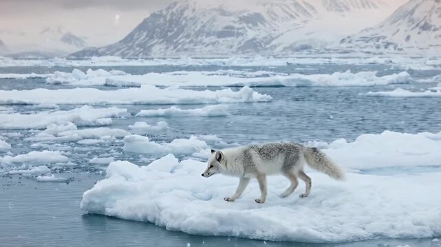 Arctic fox on an ice floe in an icy sea, with snow-capped mountains and a cloudy sky.