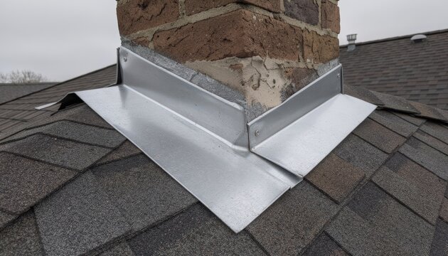 Counter flashing wrapped around chimney bases emphasizing the layered protection and sleek metallic finish against textured masonry surfaces.
