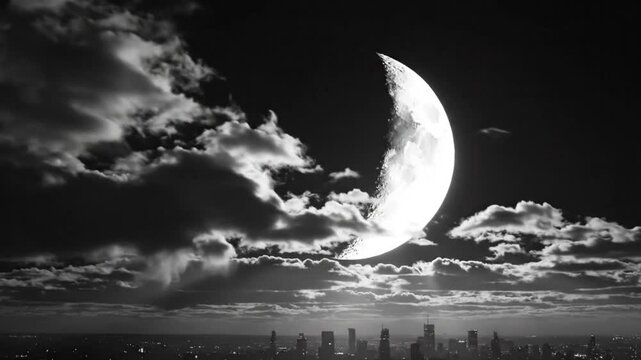 Dramatic black and white cityscape with a stunning crescent moon and fluffy clouds illuminating the night