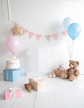 Pastel Baby Birthday Party Setup With Teddy Bears.