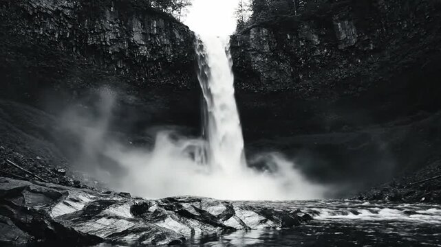 Powerful waterfall cascading into a rocky pool with dramatic shadows in black and white nature scene