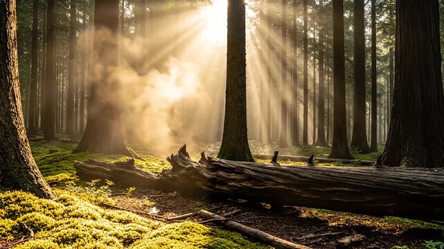 Golden sunbeams shining through misty forest with fallen log