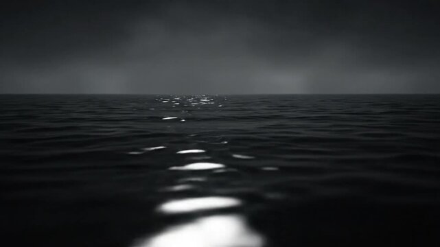 Black and white ocean view with shimmering sunlight reflected on the water's surface beneath a cloudy sky