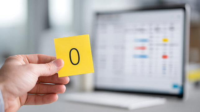 Person hold yellow sticky note with zero number text, monitor schedule calendar in fuzzy background, concept of deadline, punctuality, priority