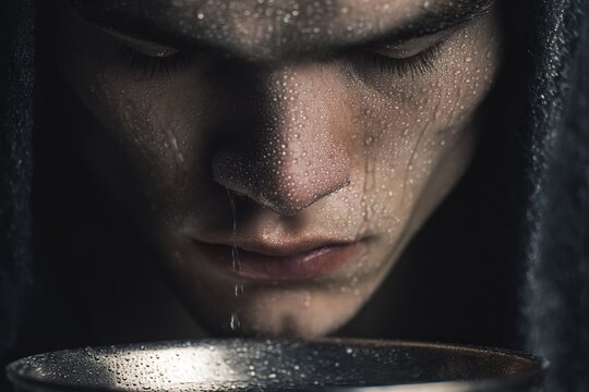 Man splashing cold water on face for vagus nerve stimulation. Technique for stress relief and anxiety reduction. Nervous system regulation through immersion therapy for relaxation.
