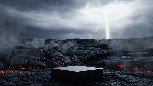 Empty black podium on dark volcanic landscape, lightning striking in stormy sky for product display background.