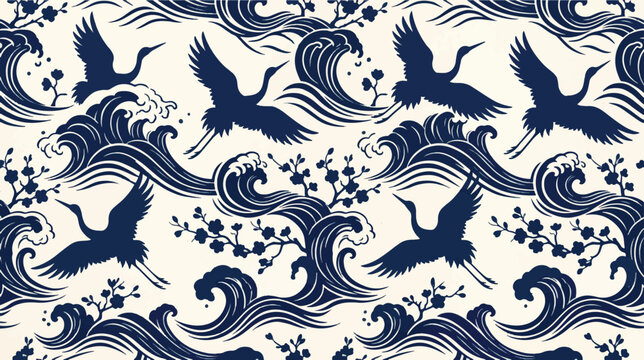 Cranes fly gracefully over stylized ocean waves and blooming cherry blossom branches in a traditional Japanese art pattern.