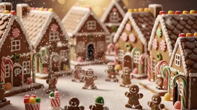 Gingerbread village with decorated houses and walking gingerbread men, festive Christmas holiday scene