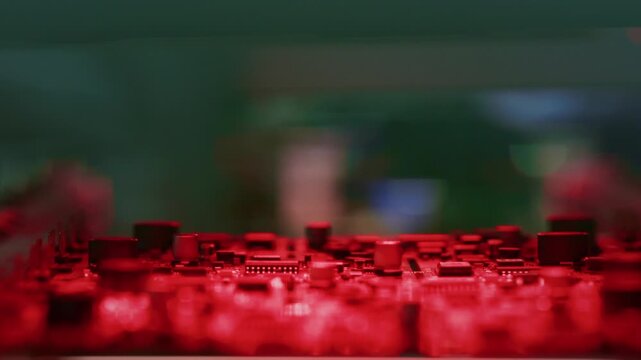 Circuit board scan motherboard. Checking electronic equipment. Automated visual optical inspection system for quality control of printed circuit board. Scanning of processors or chipsets with light