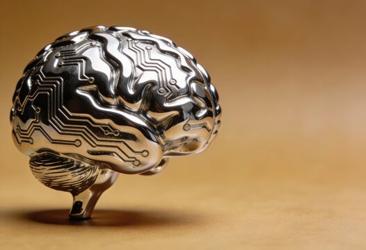 Futuristic metallic brain sculpture symbolizing artificial intelligence and neural networks showcasing innovation creativity and technological advancement