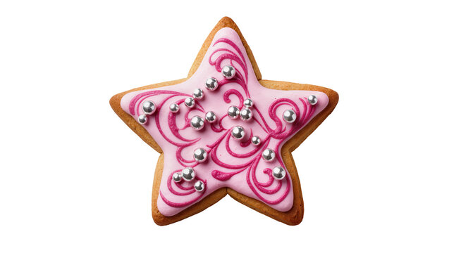 Pink frosted star cookie with silver dragees and swirls, isolated on transparent background
