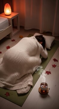 Woman lying on floor with blanket for nervous system reset. Person resting for stress relief and mental health recovery. Cozy home atmosphere with herbal tea on autumn day interior.