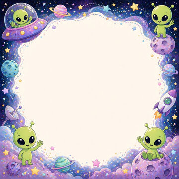 Cosmic Canvas of Cute Aliens: Adorable extraterrestrial creatures frolic in a vibrant, space-themed frame, inviting the imagination to explore the cosmos. For design work.