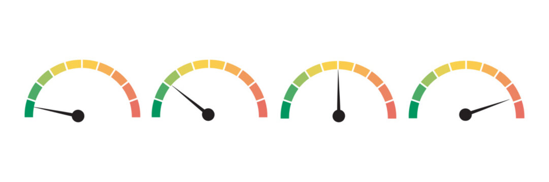Set of speedometer gauges, performance and risk indicators vector scale showing levels of performance infographic design dashboard elements set illustration