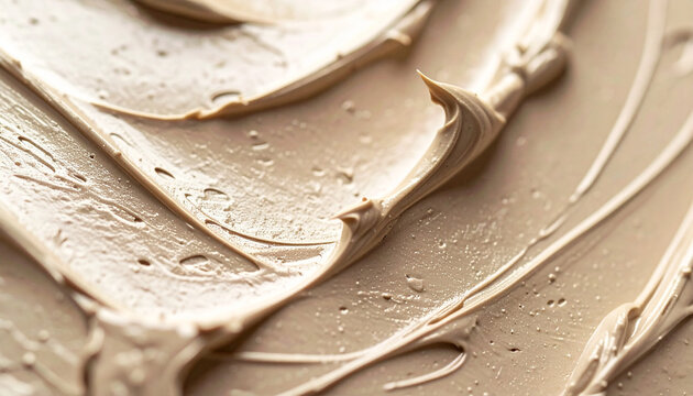 Smooth smear of beige clay face mask on clean background, creamy matte texture, concept of skincare, nourishment and wellness