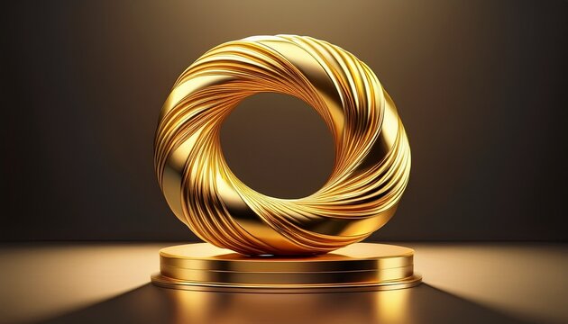 golden abstract torus sculpture on gold pedestal
