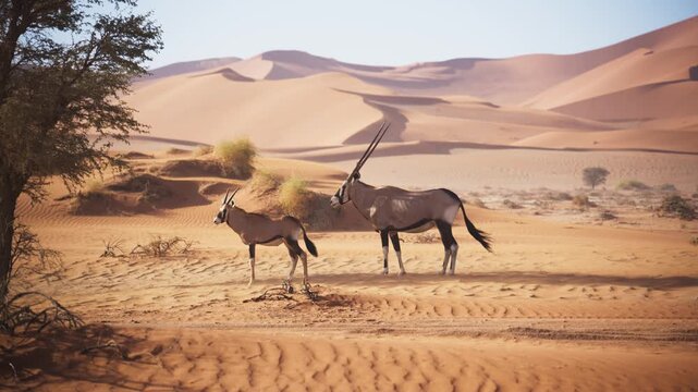 Gemsbok oryx mother and calf walking in Namib desert of Namibia with large orange sand dunes in background, african wildlife and arid safari nature