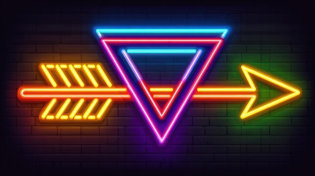 Glowing neon sign arrow piercing a triangle, on a dark brick wall background