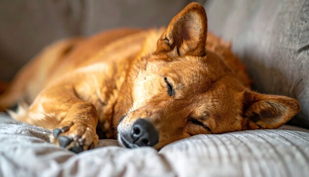 Adorable Golden Retriever Dog Sleeping Peacefully on a Cozy Couch.