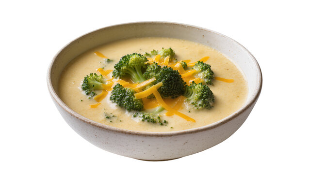 Creamy broccoli cheddar soup with florets and shredded cheese, isolated on transparent background