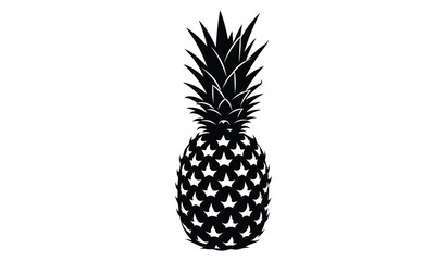 A striking black silhouette depicts a whole pineapple with detailed leaf patterns and textured rind showcasing tropical fruit elegance silhouette high quality professional modern © rsvect02