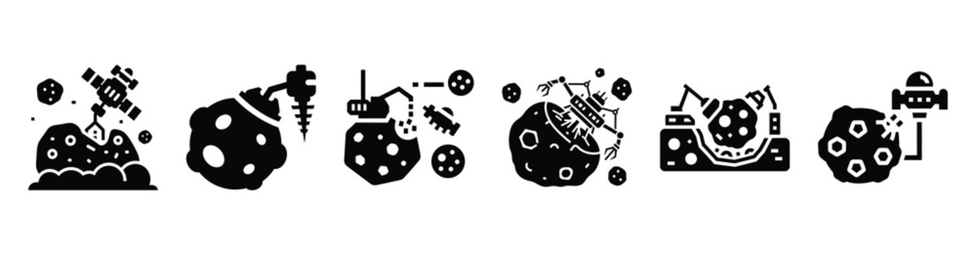 A collection of asteroid mining silhouette business icon set, black color and white background