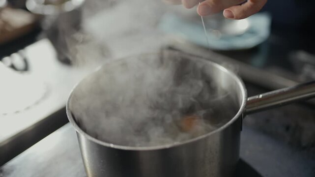 Steam rises from a simmering pot on a stove. Hands hover above, monitoring the cooking process. The scene suggests a quiet, focused kitchen moment. Ideal for culinary, food prep
