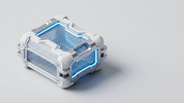 Industrial hardware module with mesh texture and blue light on light background with copy space